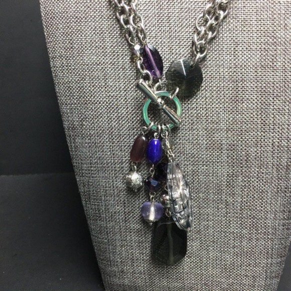 Silver Chain Toggle Necklace Purple Blue Green Dangles Retro BoHo - Picture 2 of 4